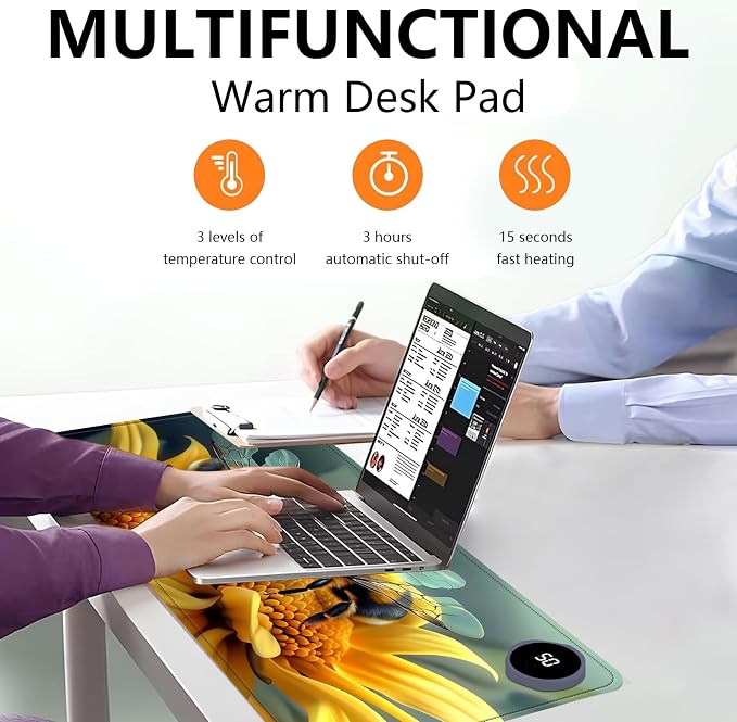 Heated Mouse Pad with 3 Levels Heated & 3 Hours Auto Shut-Off Mouse Pad for Warming Hands in Office Home, 31.5" x 13"Large Safe Desk Mat Hand Warmer，Bees Collect Honey