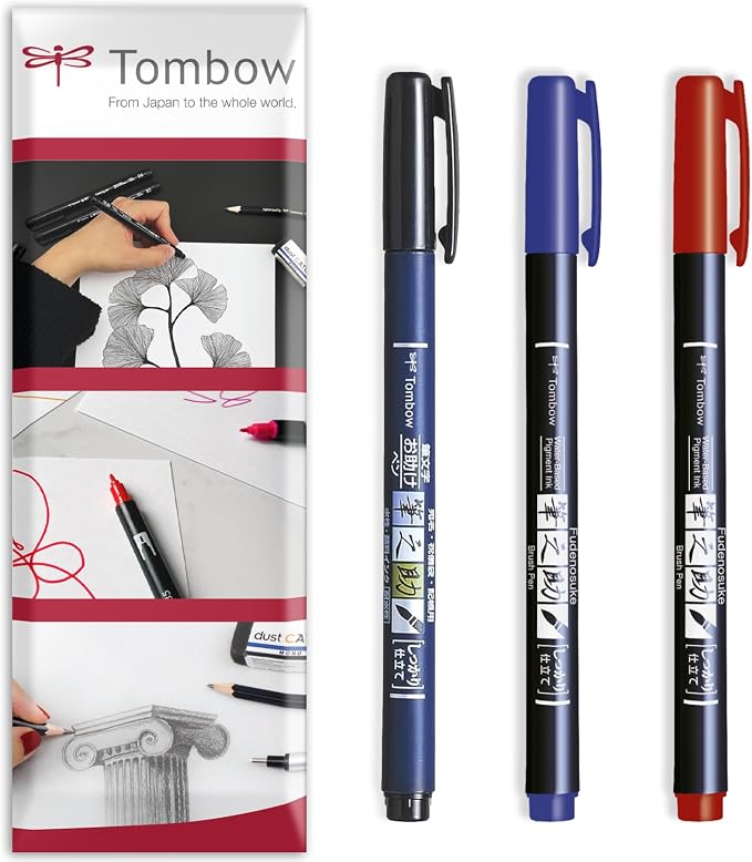 Tombow Fudenosuke Calligraphy Brush Pen - Black, Blue, Red Ink - Pack of 3 In Envelope Gift Packaging