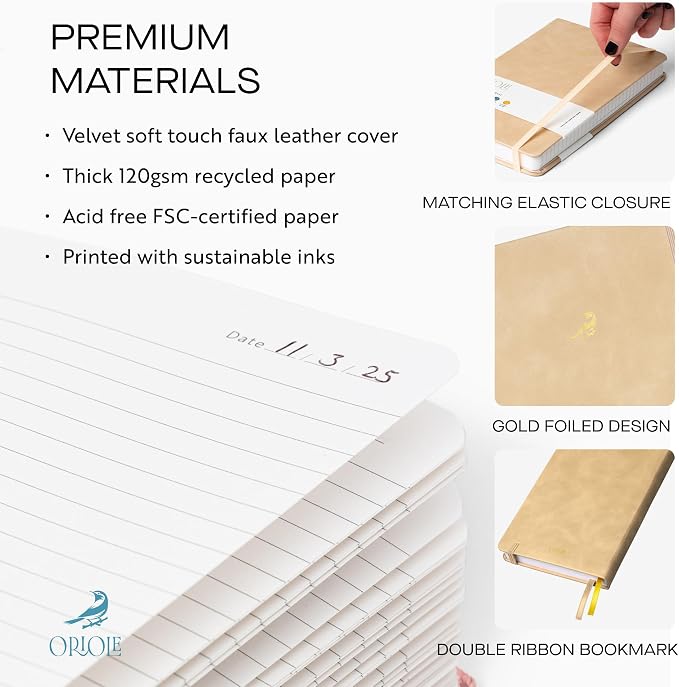 Oriole Vegan Leather Ruled Notebook - Walnut Cream | 176 Pages of Thick Lined Paper | Soft Touch Hardcover Journal (5 x 8 in) with Gold Foil Bird Design & Luxury Gift Box