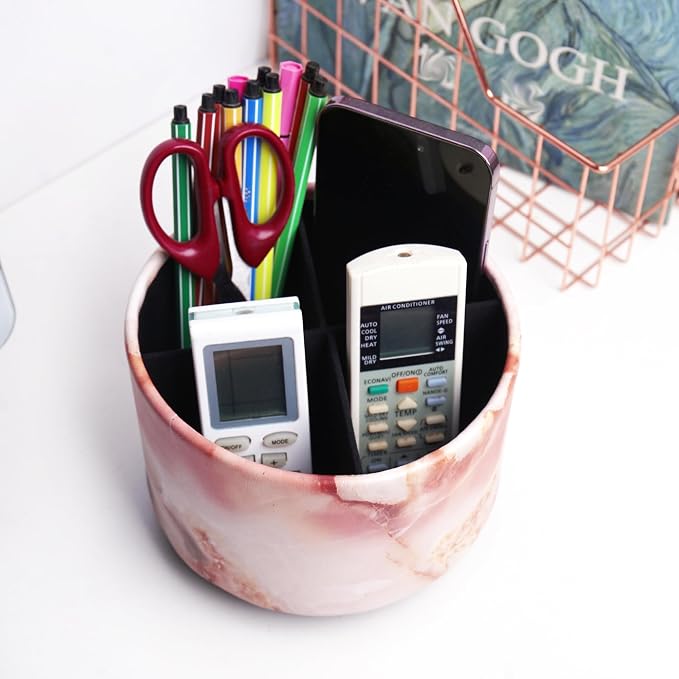 Round Leather Art Supply Organizer,Remote Control Holder,360-degree Rotating Pen Organizer with 4 Compartments(1-Marble Pink)