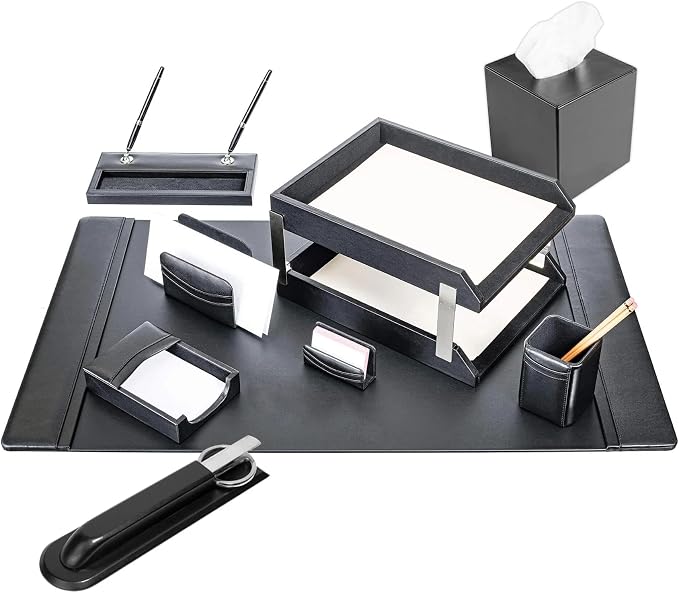 DACASSO Black Leather 11-Piece Desk Set - Luxury Leather Desk Pad & Desk Organization Essentials - Office Organization & Executive Desk Decor - (Silver Accent)