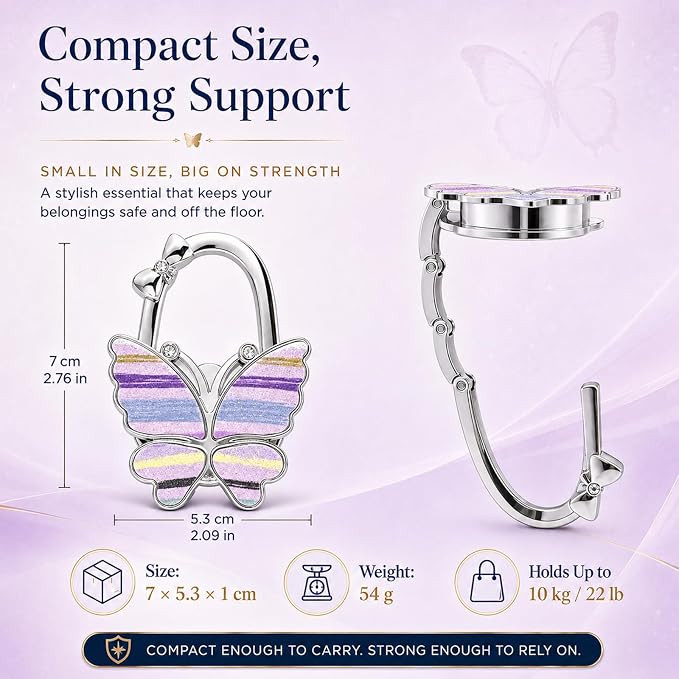 Purse Hook for Table, Foldable Handbag Hanger for Women, Portable Bag Holder with Non-Slip Base, Cute Stripes Purple Butterfly Purse Table Hook for Restaurant Office Travel Gift