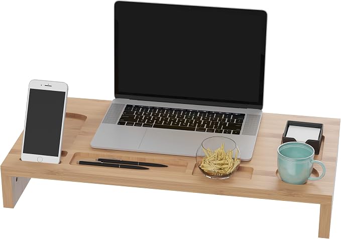 Lavish Home Bamboo Monitor Riser Set – 2-Pack Wooden Laptop Stand and PC Computer Shelf Set for Home, Office, or Dorm Rooms – Office Accessories