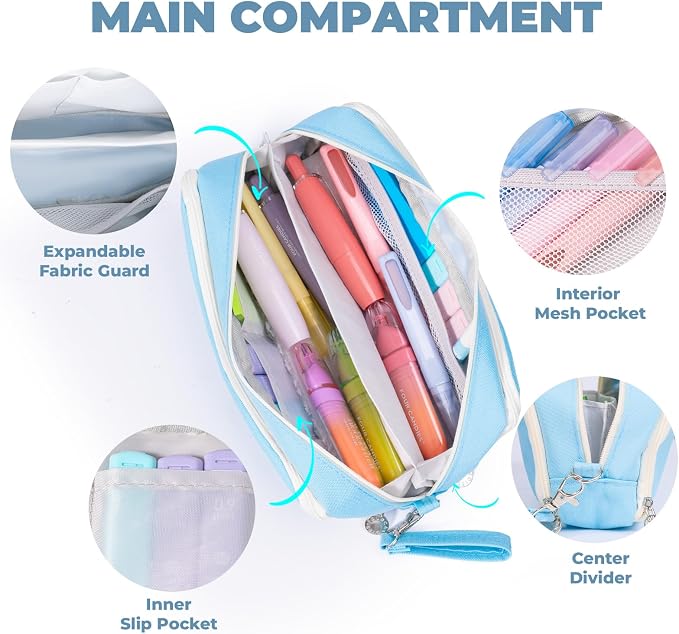 Four Candies Blue Pencil Case 3 Compartment Pouch, Large Pencil Pouch for School, Girls, Teen Boys, Women, Blue, Removable Handle & Zipper, Cute Pencil Bag for Office, College