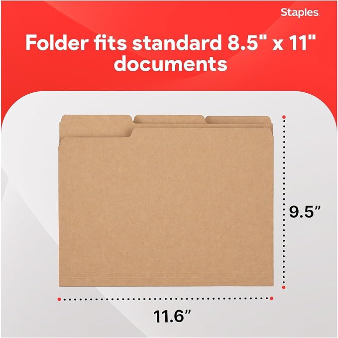 Staples Colored File Folders, Letter Size, 3‑Tab Top‑Tab Design, Kraft, Durable Paper Stock, 100/Pack