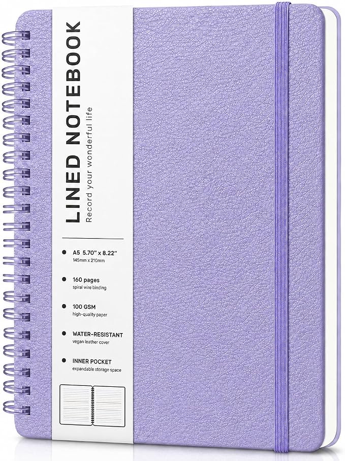 ABERLLS Lined Spiral Journal Notebook with 160 Pages, 8×5.7in, A5 Spiral Notebook, Journaling Notebooks for Work, School, Women, Men, College Ruled Spiral Notebook, Hardcover Leather Journals, Purple
