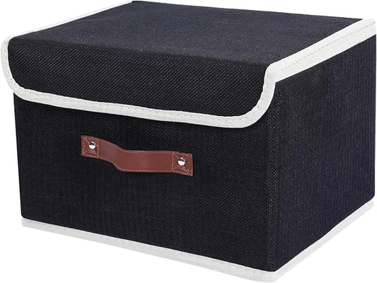 ANMINY Storage Bin with Lid Storage Boxes with PU Leather Handles PP Plastic Board Decorative Foldable Lidded Cotton Linen Fabric Home Cubes Baskets Closet Organizer Container - Black, Medium
