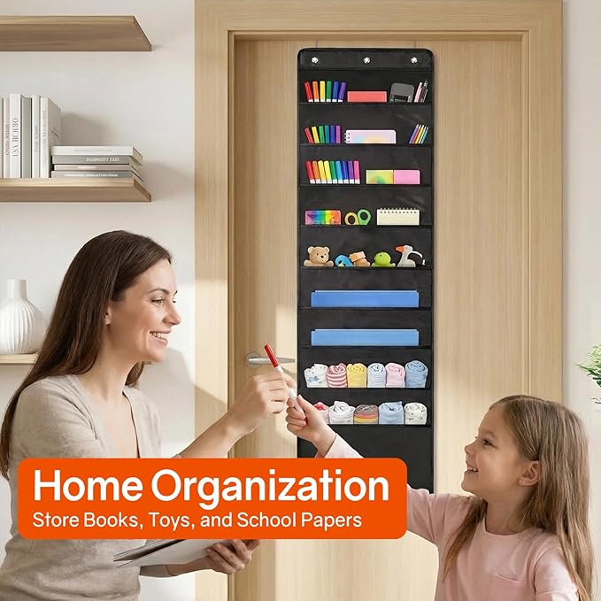 SUNEE 10 Pockets Hanging Wall File Organizer, Black Storage Pocket Chart for File Folder and Paper, Space Saver for Office and Classroom, with Wall Hangers, Over The Door Hooks, Labels