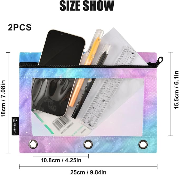 ALAZA Pencil Pouch for 3 Ring Binder, Pink Blue Sky Print Binder Pencil Pouches with Clear Window Zipper Pencil Case Cosmetic Bags for Office College Supplies, 2PCS