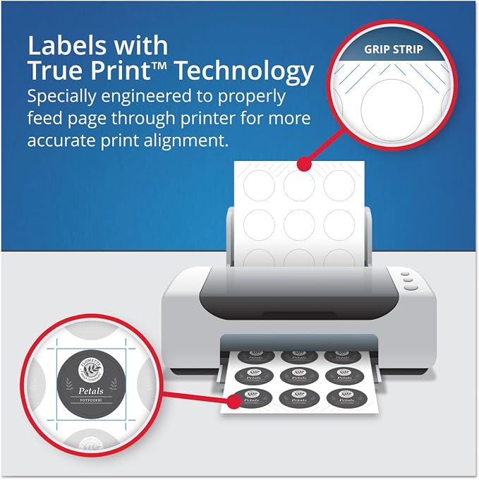 Avery Printable Round Labels, Sure Feed Technology, Glossy White Labels, 2" Diameter, Permanent Adhesive, Laser/Inkjet, 120 Total (22807)