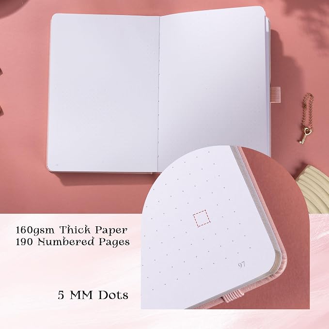 MGGAO Dotted Journal for Women Men, A5 Hardcover Dot Notebook | Aesthetic Notebook with 190 Numbered Pages, 160 GSM Thick Paper, Golden Edges, for Writing, Note Taking, Journaling