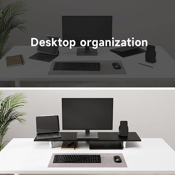 Fenge 39.4” Dual Monitor Stand with Height Adjustable Legs, Black | Wooden & Steel, Ergonomic Height 3.6" to 4.4", Underneath Storage, Holds up to 99lbs, Laptop Monitor Stand for Home Office