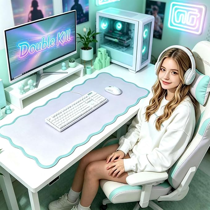 Yuboo Teal Scalloped Desk Mat for Women, 31"x15.7" Cute Waterproof Washable Non Slip Large Keyboard Mouse Pad, Cottagecore Aesthetic Desktop Pad for Gaming Office Dorm Desk Decor