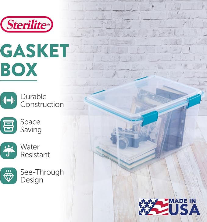 Sterilite 16-Pack Gasket Box, Weather-Resistant Storage Bins with Latching Lids, 54 Quart - Heavy-Duty Organizing Containers for Closet, Bathroom, and Office