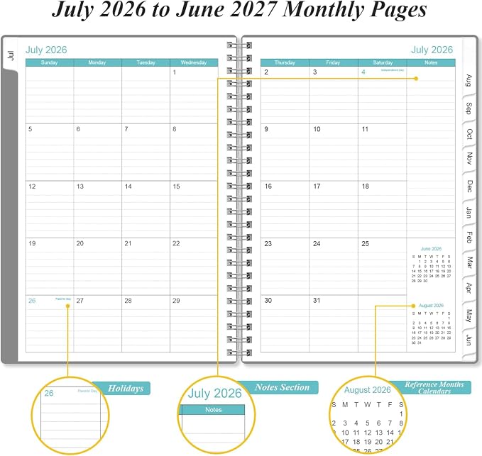 2026-2027 Planner - Planner 2026-2027 from July 2026 - June 2027, Weekly & Monthly Planner Spiral Bound with 12 Monthly Tabs, Inner Pocket, 6.4" x 8.5", Grey-E