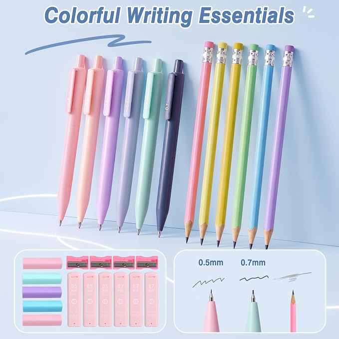 MoKo Pencil Case with Supplies, 59Pcs Aesthetic School Set, Blue | Includes gel pens, wooden and mechanical pencils, 0.5 and 0.7 mm refills, highlighters, erasers and sharpeners.