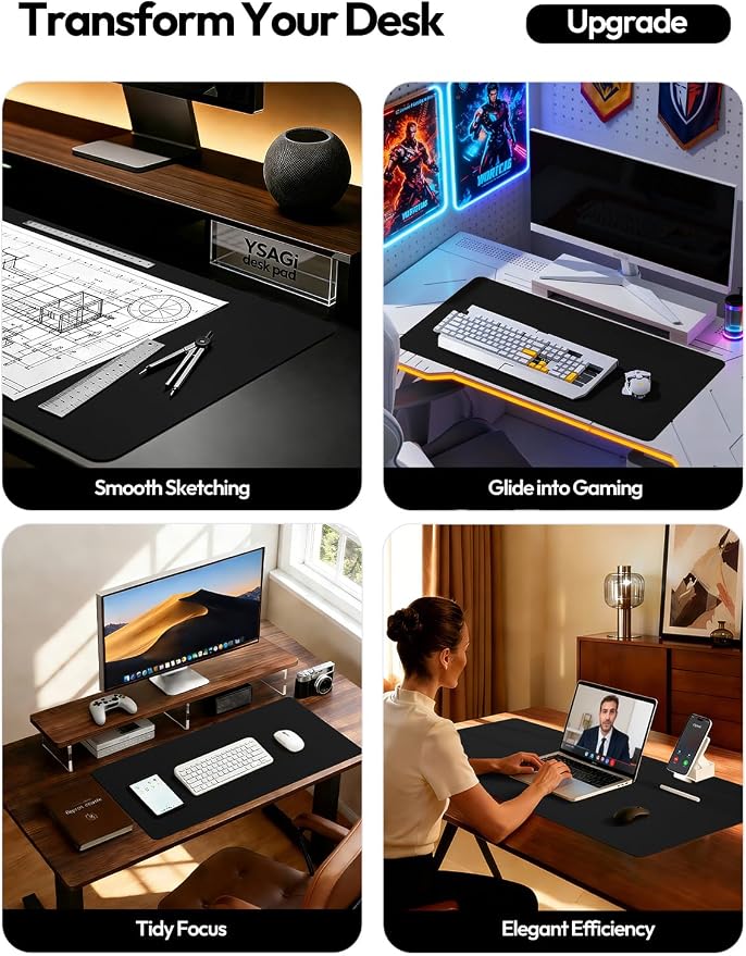 YSAGi Leather Desk Pad Protector, Office Desk Mat, Large Mouse Pad, Non-Slip PU Leather Desk Blotter, Laptop Desk Pad, Waterproof Desk Writing Pad for Office and Home (Black, 55" x 24")