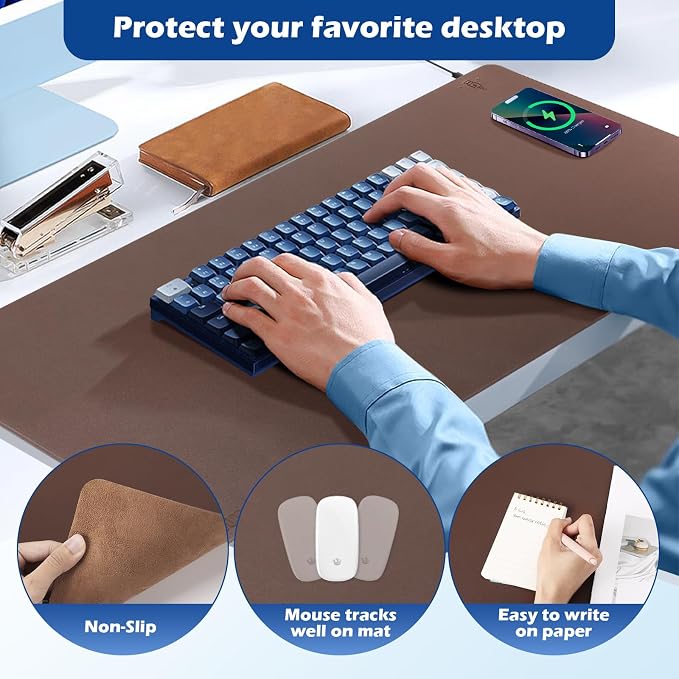 Wireless Charging Desk Mat, Mouse Pad, Brown-R, 32 * 16inch