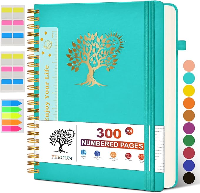PERCUN Spiral Notebook 300 Numbered Lined Pages Hardcover Journal 8.5"x11" | College Ruled Spiral Bound Notebook with Tabs, A4 Large Leather Journal for Women Men, Work, School, Writing & Note Taking