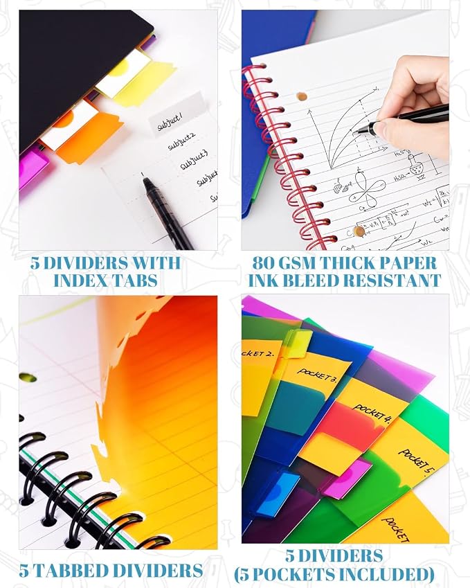 5 Subject Notebook - Spiral Notebook, College Ruled Notebook With Dividers Pocket, Tabs, 11" Ruler, 200 Pages, for Writing Journal, Home & Office, School Supplies, 8.5''x11'' Lily White | 200 Pages, 11" Ruler, 8.5"x11" Lily White, Pocket Dividers with ...