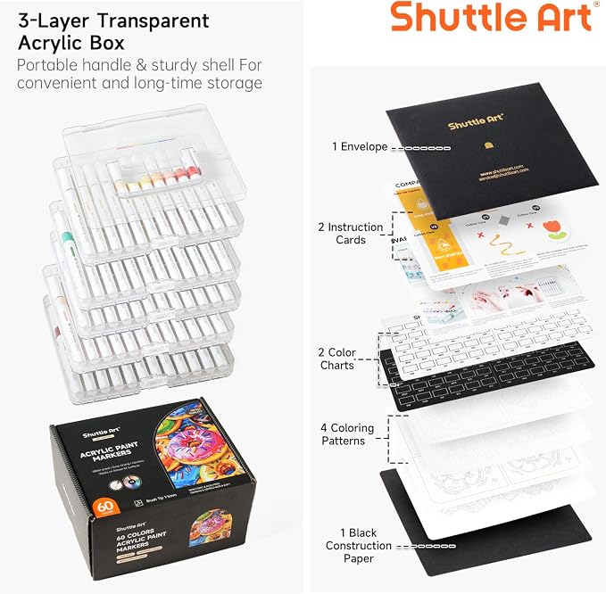 Shuttle Art Automatic Ink Control Acrylic Paint Markers, 60 Colors Brush Tip Acrylic Paint Pens for Rock, Ceramic, Wood, Canvas, Glass, Stone, Fabric, Card Making, DIY Football Crafts, FlipFunAlong