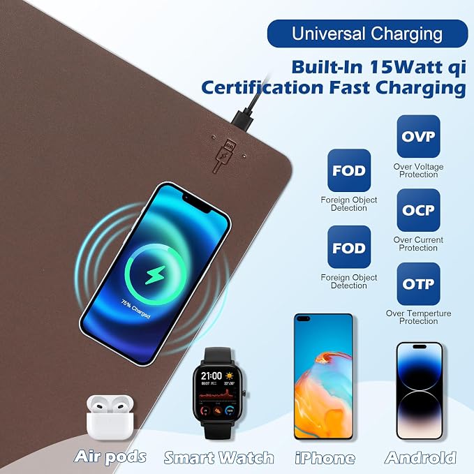 Wireless Charging Desk Mat, Mouse Pad, Brown-R, 36x17 inch