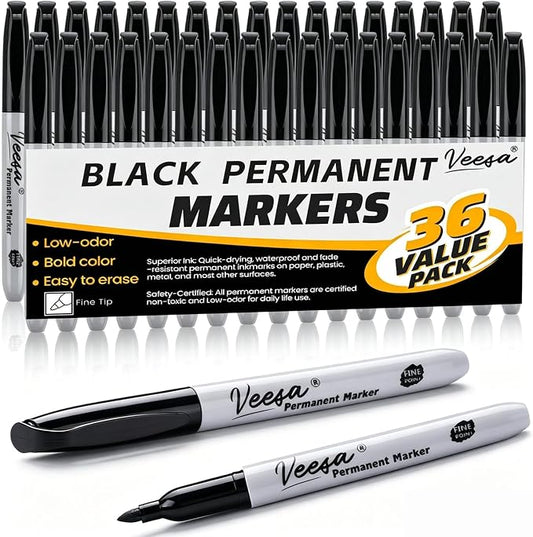 36 Pack Permanent Markers Fine Tip, Black Permanent Marker Pens for Office, School & Home, Waterproof, Smear-Proof, Quick-Drying