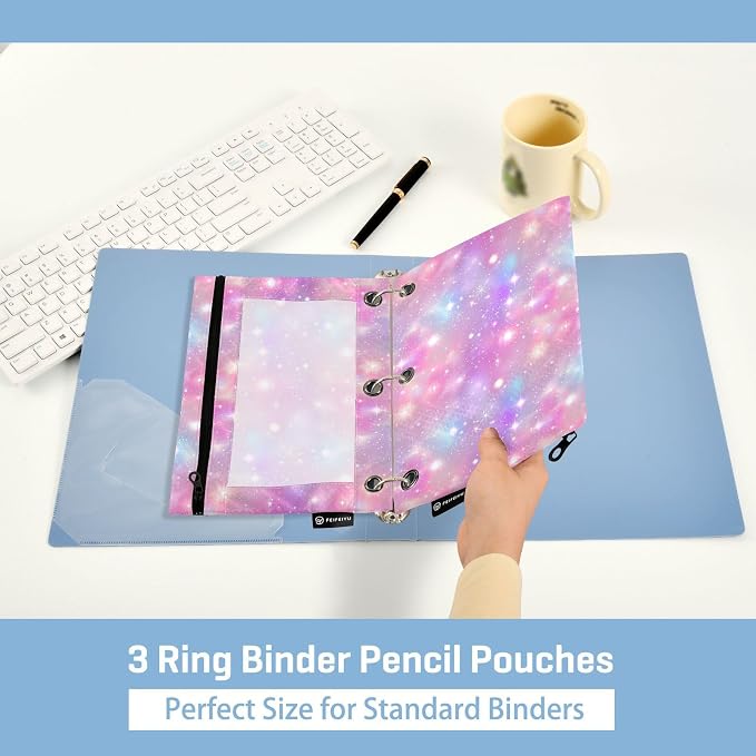 Binder Pencil Pouches, Pink Sky with Stars Pencil Case with Clear Window 3 Rings Pen Case Holder Office Supplies