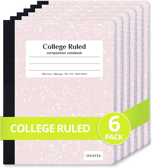 ONAVIA Pink Composition Notebook College Ruled 6 Pack, 200 Pages | 100 ct, 9.75 x 7.5 in, Durable Comp Book, School Notebooks, Students, Note Taking, Writing, Teachers