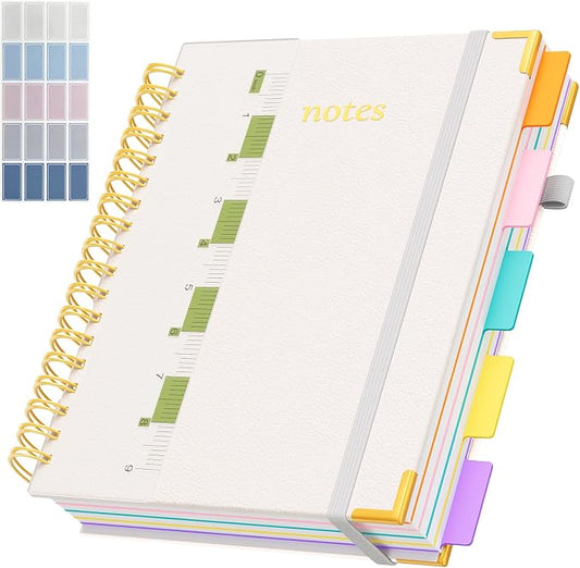 Line Hardcover Spiral Notebook with Removable Dividers Tabs & Ruler, 5 Subject Notebook College Ruled, 300 Page, Large 8"x10" B5 Notebooks for Work School, Lined Journal for Women & Men, White
