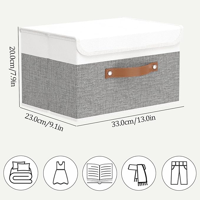 OUTBROS Fabric Storage Box with Lid, 13x9.1x7.9 inch (White/Grey, 3-Pack) | Collapsible Wardrobe Organiser, Linen Cubes For Towels, Clothes