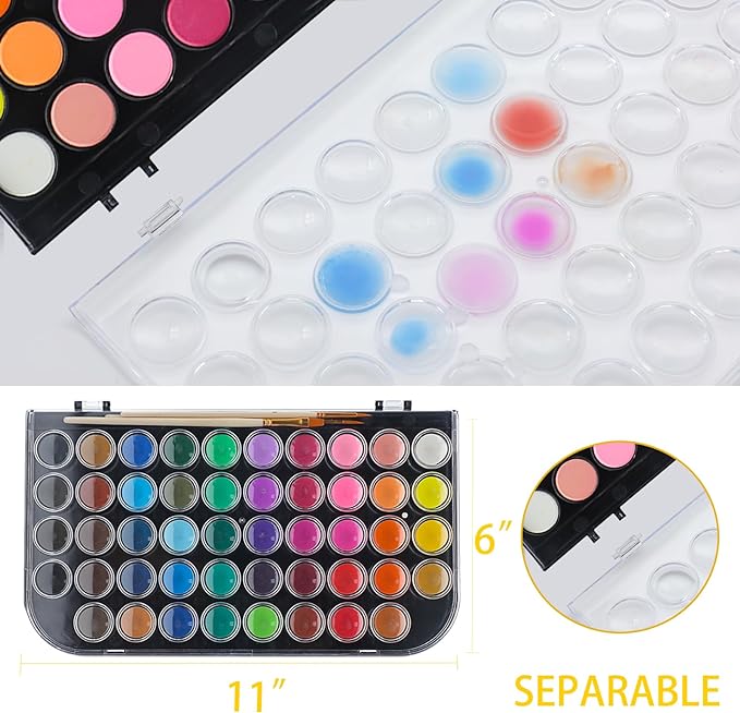 Artecho 48 Colors Watercolor Paint Set, Portable Travel Watercolor Cake Kit with 3 Brushes, Easy-Clean Washable Paint for Card Making, Illustrations, Painting, Calligraphy