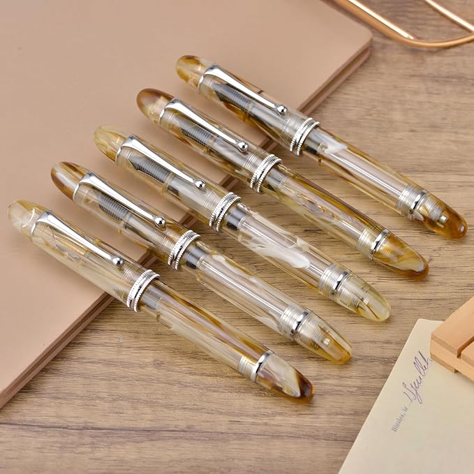 Asvine V800 Fountain Pen – Vacuum Filling System with Large Ink Capacity – Smooth Number 8 Medium Nib with Gift Case and Wrench- Brown White