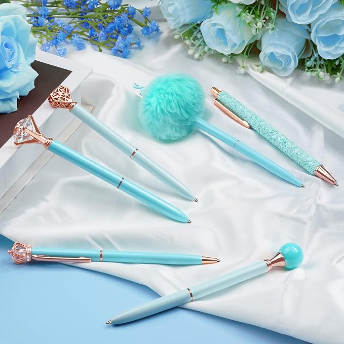 WEMATE 8Pcs Blue Pens, Metal Crystal Diamond Pens with Black & Blue Ink | Cute Fancy Pens for Journaling, Office Supplies, Gifts for Women Girls, Birthday & Back to School Supplies