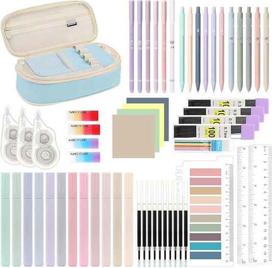 MoKo Pencil Case with Supplies, 60Pcs Aesthetic School Set, Blue | Includes highlighters, gel and ballpoint pens, mechanical pencils, refills, sticky notes, correction tapes and rulers.