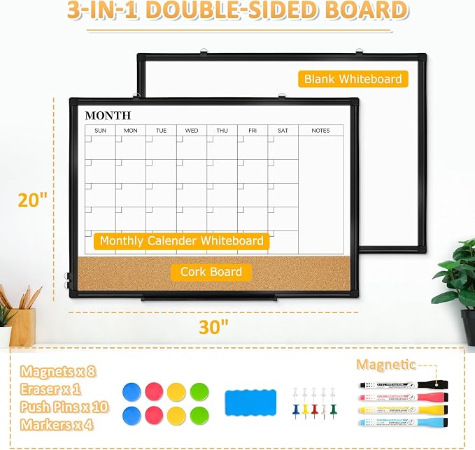 Monthly Dry Erase Calendar Whiteboard with Corkboard, 30" x 20", Black | Magnetic, White Board Cork Board Combo, Double Sided, Wall Mounted, Aluminum Frame, for Home, Office, Kitchen, Dorm