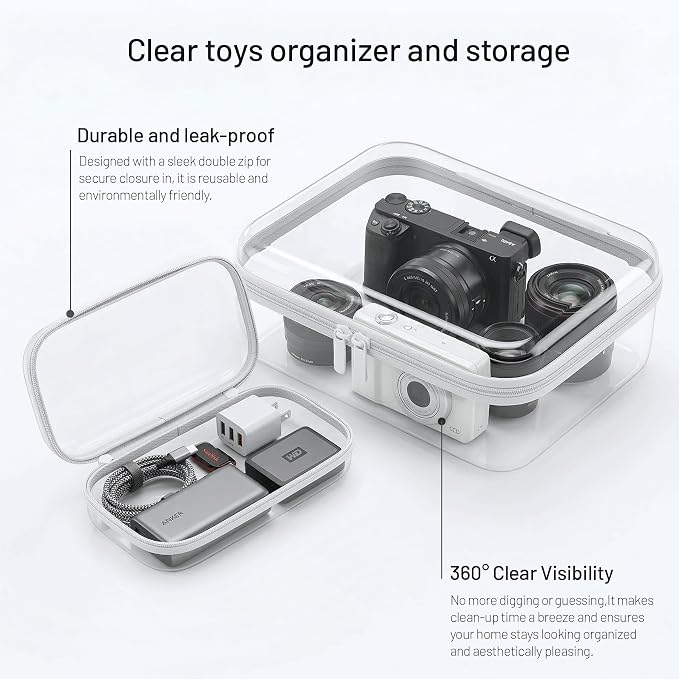 Large Toy Storage Bags with Handle,Clear Hard Shell Zipper Case, 3 Pcs Travel Toiletry Bag,Waterproof toys storage and Organizer Bags for Puzzles,Diapers,Cosmetics,Reusable Organizer Pouch (White1)