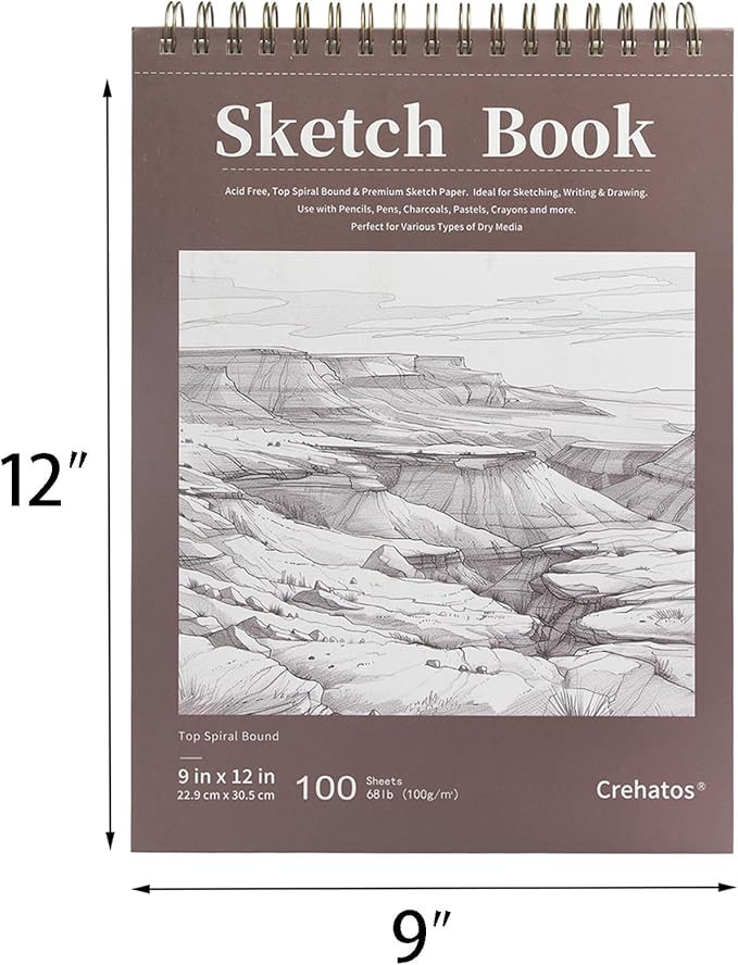 Crehatos 9" x 12" Sketch Book, Top Spiral Bound Sketch Pad, 100 Sheets 68lb/100gsm Drawing Paper, 1 Pack | Top Spiral Bound Sketch Pad, 68lb/100gsm Drawing Paper for Dry Media