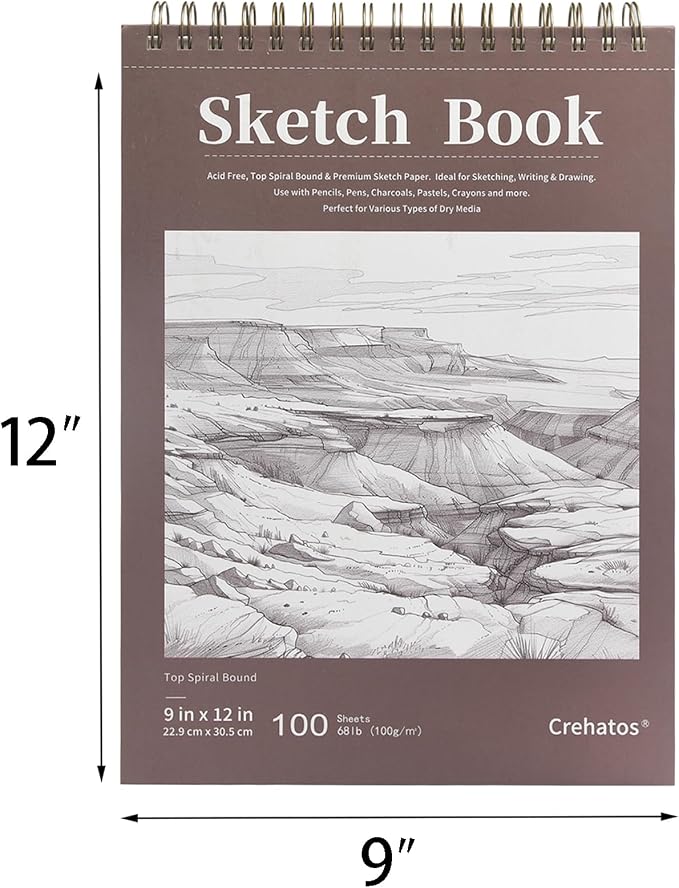 Crehatos 9" x 12" Sketch Book 100 Sheets Each, 2 Pack | Top Spiral Bound Sketch Pad, 68lb/100gsm Drawing Paper for Dry Media
