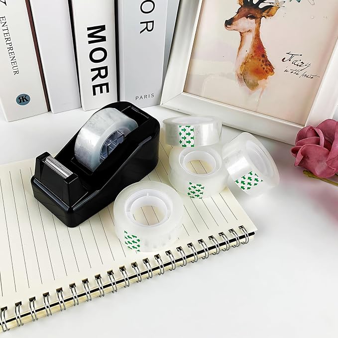 Desktop Tape Dispenser with 15 Rolls Transparent Tape, Black Desk Tape Dispenser for Home Office School, Tape and Dispenser Set for Light Duty Packaging Arts Crafts Note Repair Everyday Use