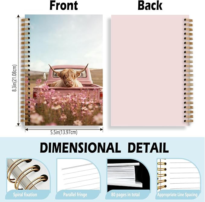 Pink Floral Highland Cow Journal Notebook 5.5x8.3, Farmhouse Pink Truck Highland Cow Journal, Cows Gifts for Women, Countryside Aesthetic Notebooks for Work