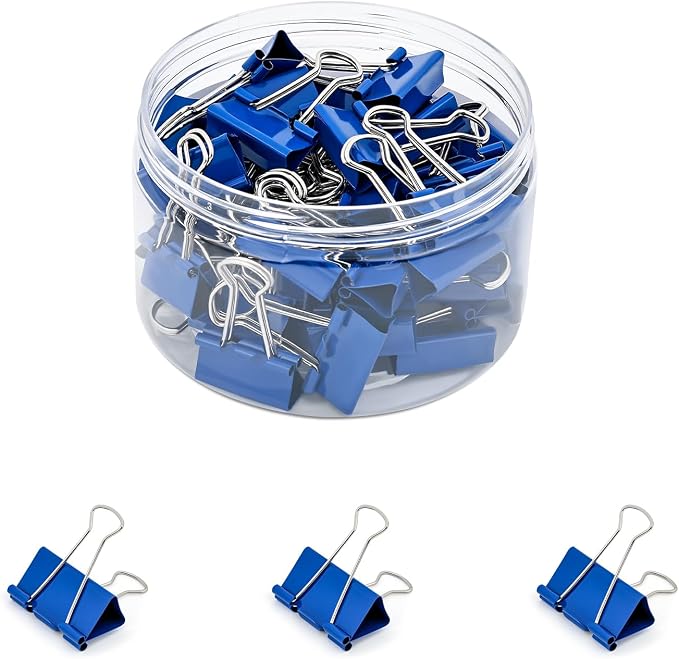 Temiary 48 Pcs Binder Clips, 0.98 Inch Medium Metal Binder Paper Clip with Container, Blue Paper Clamps Bulk for Office, Home, School Supplies