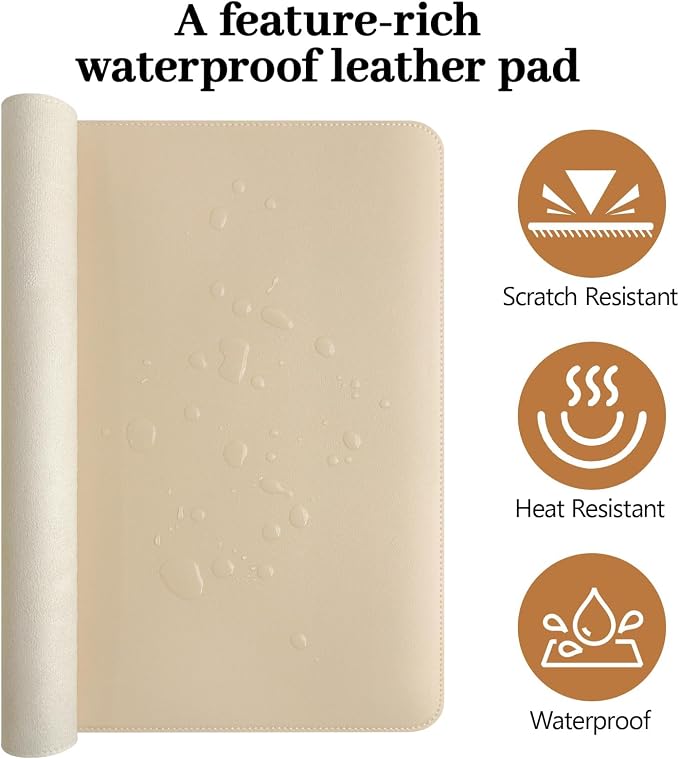 Beige Leather Desk Mat Large Mouse Pad, Waterproof Desk Pad for Keyboard and Mouse, Non-Slip Computer Desk Protector, Smooth Mouse Movement Desk Mat for Home and Office(35.4"×17")