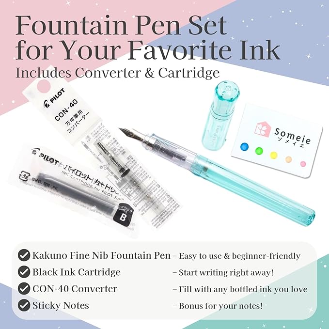 Fountain Pen Set CON-40 Converter & Kakuno Fine Nib with Black Ink Cartridge & Sticky Notes – Refillable Ink System, For Beginners, Calligraphy (Blue FKA-1SR-KPL-F)