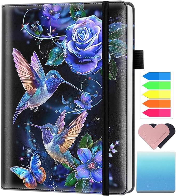 A5 Leather Lined Journal Notebook, 200 Pages Hardcover Executive Notebook for Men Women Office School Note Taking, Thick Writing Paper Daily Journal with Bookmarks/Indexes,Blue Hummingbird Flower