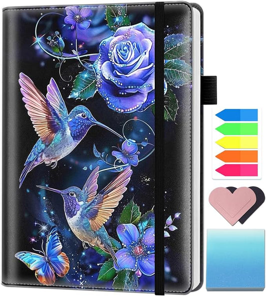 A5 Leather Lined Journal Notebook, 200 Pages Hardcover Executive Notebook for Men Women Office School Note Taking, Thick Writing Paper Daily Journal with Bookmarks/Indexes,Blue Hummingbird Flower