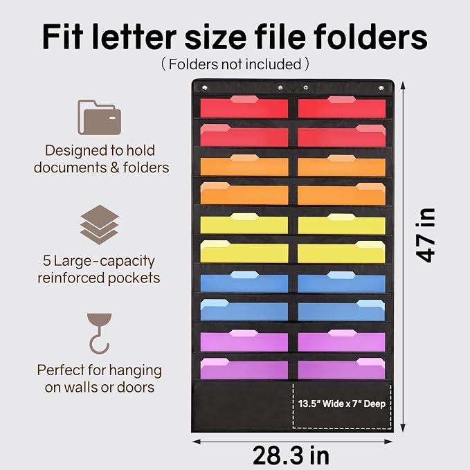 SUNEE 20 Pockets Hanging Wall File Organizer, Black Storage Pocket Chart for File Folder and Paper, Space Saver for Office and Classroom, with Wall Hangers, Over The Door Hooks, Labels