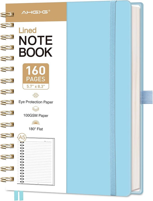 AHGXG Spiral Journal Notebook, 160 Lined Pages, A5 Size (5.7'' x 8.3'') | for Men & Women, Journaling, Writing, Work & Office, Hardcover, 100 GSM Thick Paper (Light Blue)