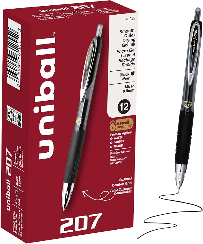 uniball™ 207 Gel Pens, Black Ink, 0.5mm Micro Point, Retractable, 12 Count, Smooth Writing, Fraud-Resistant, uni Super Ink™