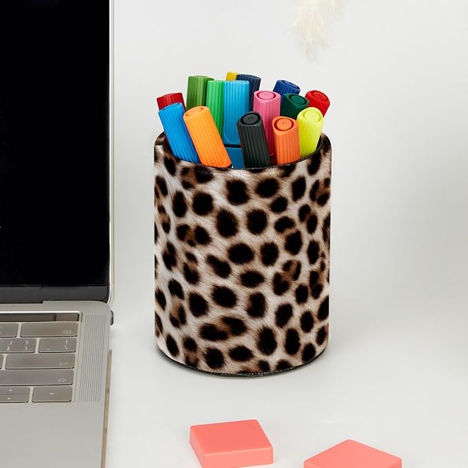 Leopard Print Leather Pen Holder for Desk, Multifunctional Desktop Organizer Pencil Cup, Desktop Caddy Stationery Organizer for School Home Office Desk Accessories